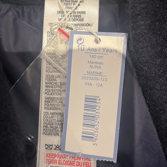 Jacadi Girls coat.With tags.Alina Marine. Removable faux fur collar. Size 6 & 10 - Picture 7 of 7